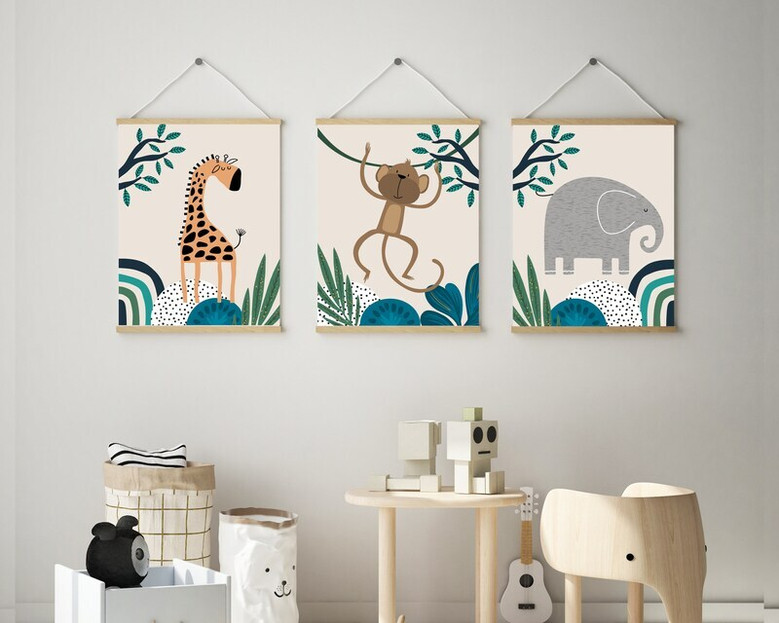 Jungle safari animal canvas print set in neutral earth tones for baby boy nursery, adorable lion, zebra, giraffe portraits