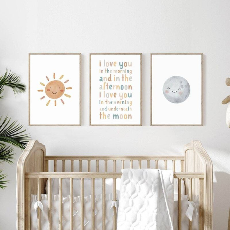 Nursery quote canvas wall art featuring 'I love you in the morning and afternoon' in boho neutral tones, baby room decor