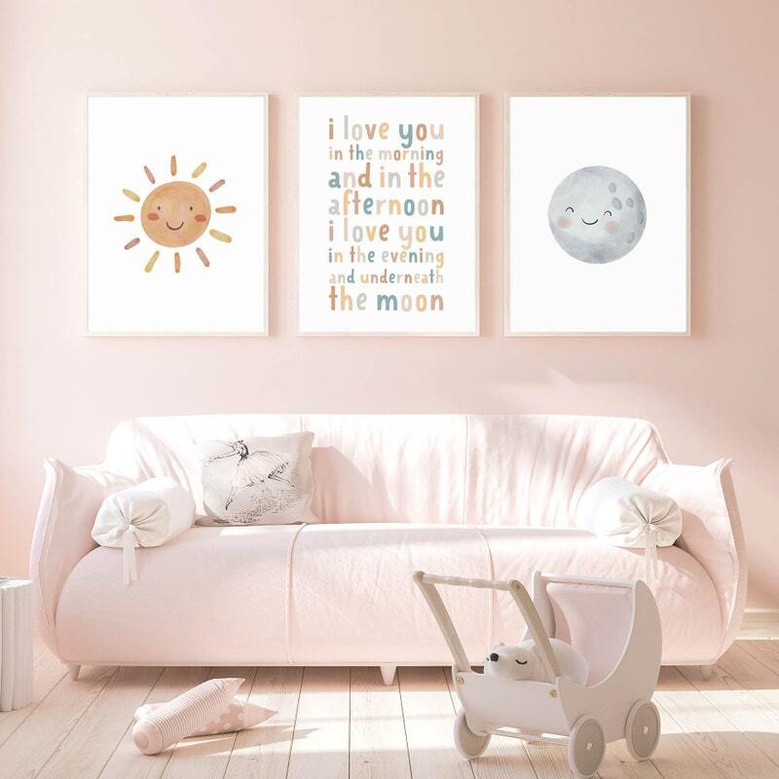 Boho nursery quote art print, 'I love you in the morning and afternoon' in sage green palette, gender-neutral baby room decor