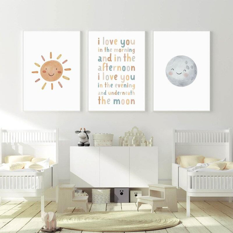 Boho nursery quote art print with 'I love you in the morning & afternoon' typography, terracotta tones for baby nursery decor