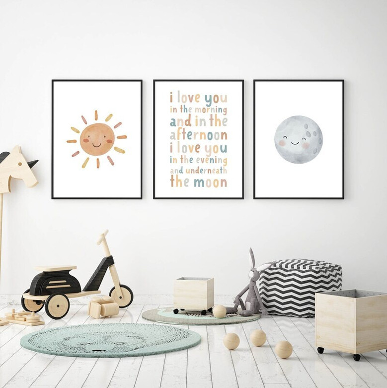 Nursery quote canvas decor in boho style, warm earthy neutrals, typographic 'I love you in the morning & afternoon'