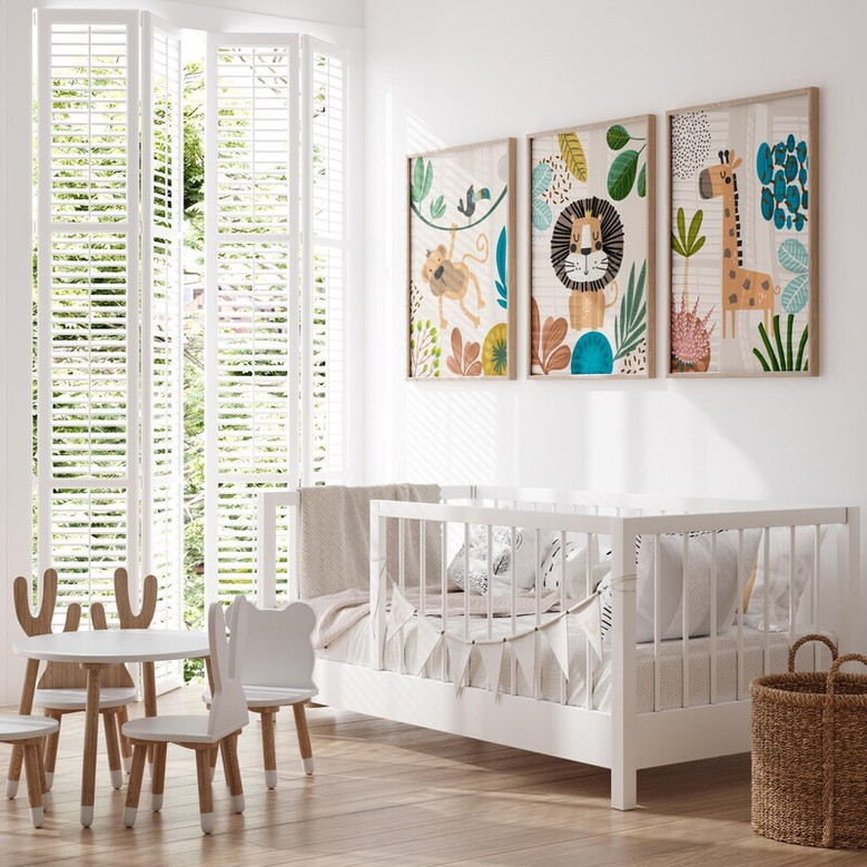 Boho jungle nursery canvas, safari animal prints for baby boy room decor, modern neutral tones for calming kids space