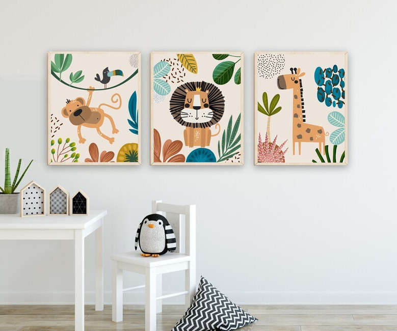 Jungle nursery canvas art, boho safari animal prints for baby shower gift and baby boy room decor in soothing neutrals