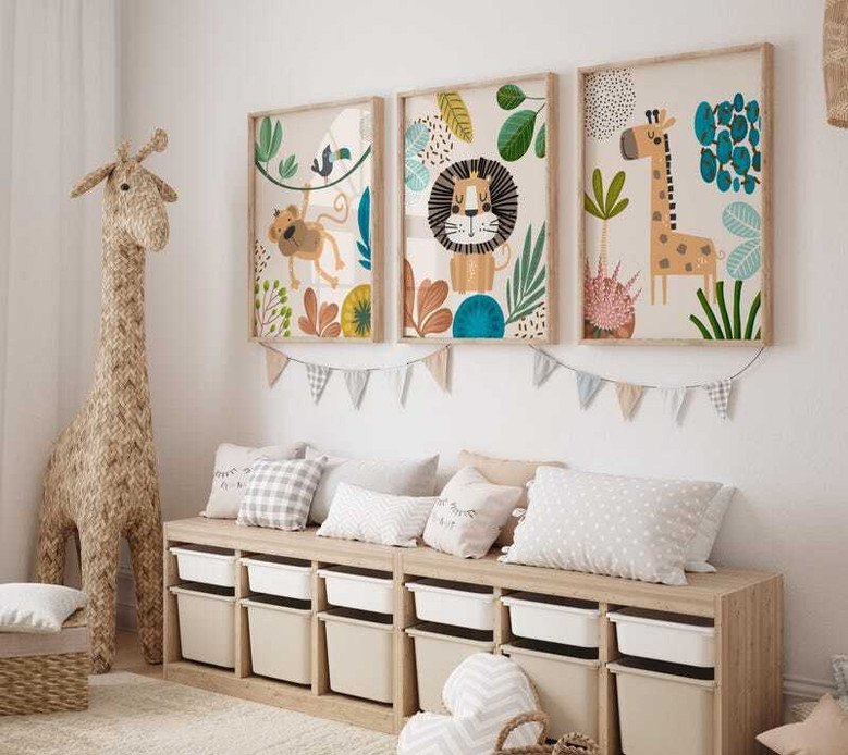 Safari nursery canvas print, boho animal prints for baby boy room decor, neutral earth-tone aesthetic for modern homes