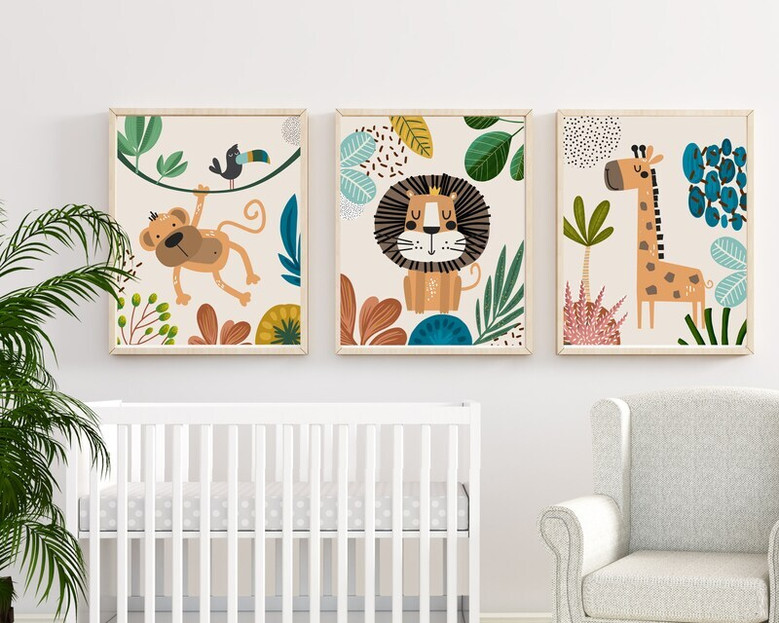 Jungle-themed nursery canvas wall art, boho safari animals for baby boy decor in soft tan and cream neutrals palette