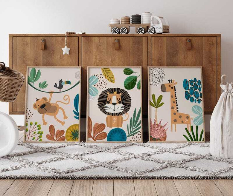 Jungle nursery canvas wall decor, boho safari animal prints for baby boy space in soothing neutral tones for modern nurseries