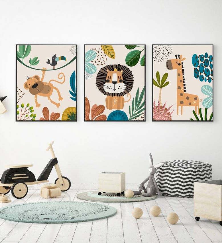 Boho safari jungle canvas for nursery wall decor, animal prints for baby boy room in a gentle neutral color palette