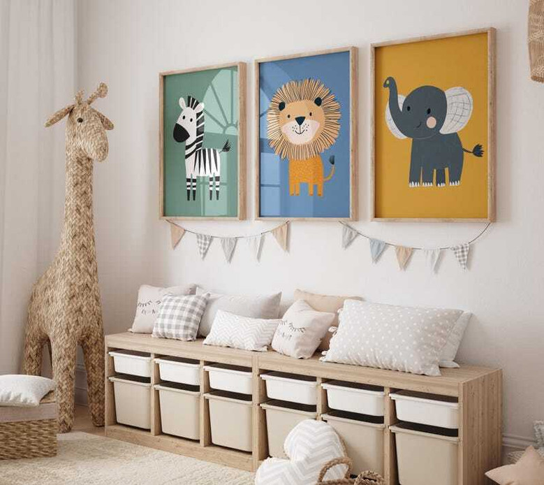 boho safari nursery canvas set, zebra-focused colorful jungle art for kids room wall decor, cheerful animal print