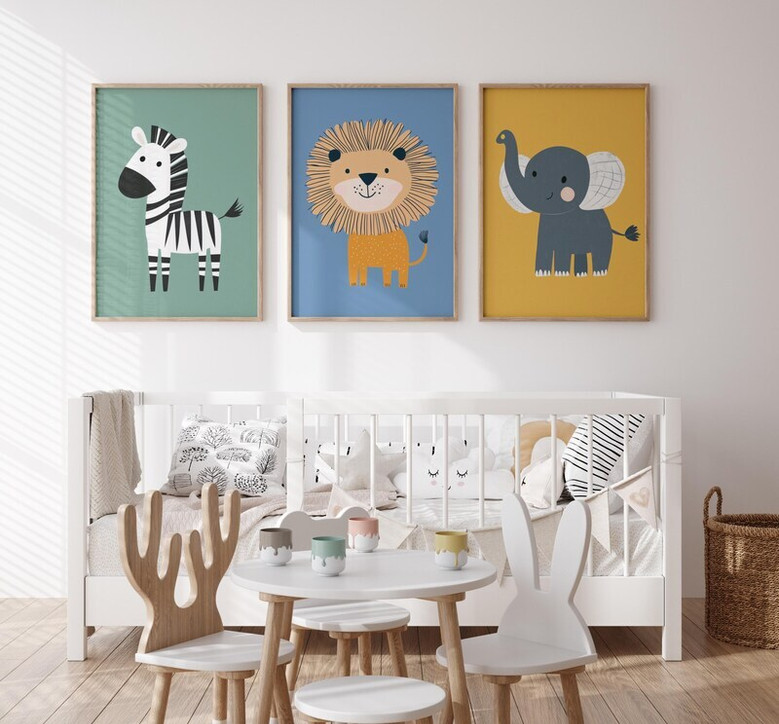 boho safari nursery canvas set of colorful jungle animals for toddler kids room decor, zebra lion elephant wall art