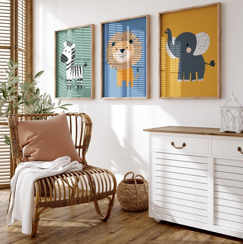 boho safari nursery canvas set for kids room, colorful jungle animal wall art brings playful zebra, lion, and elephant