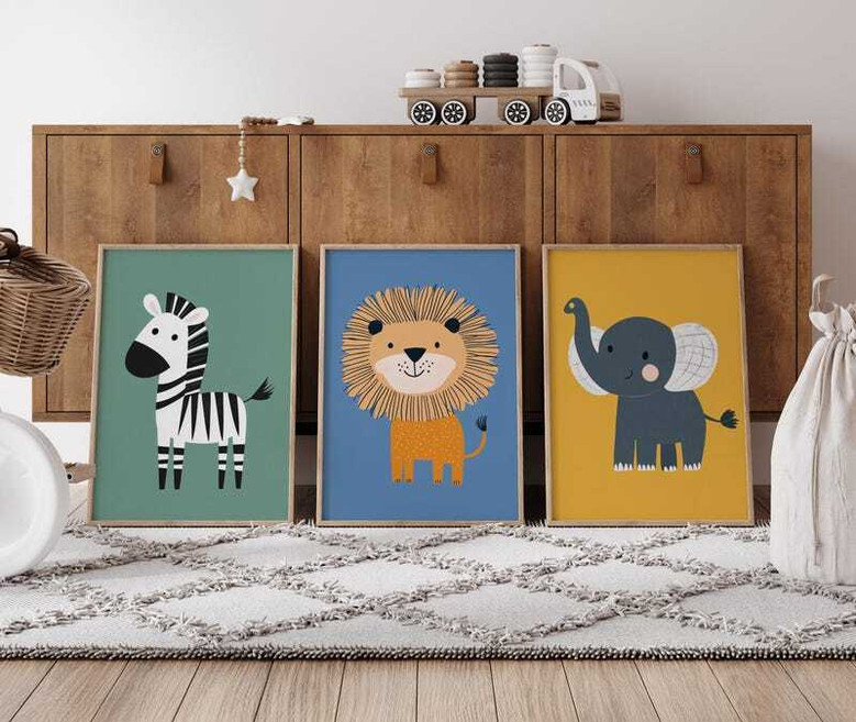 boho safari nursery canvas set, lion artwork in colorful jungle palette for kids room wall decor, warm playful vibes