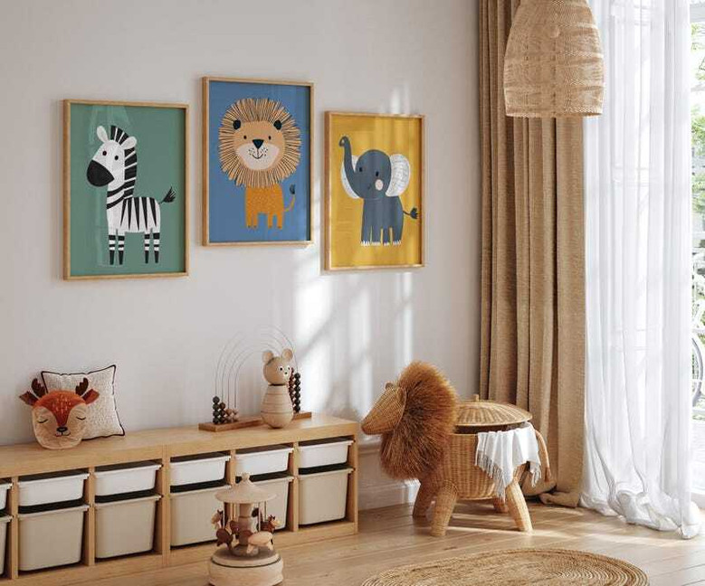 boho safari nursery canvas set, elephant illustration with colorful jungle accents for kids room wall art decor