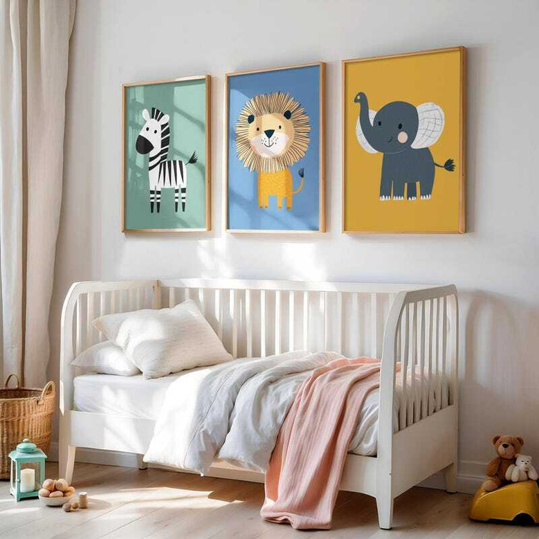 boho safari nursery canvas set featuring colorful jungle animals—zebra, lion, and elephant—for playful kids room wall decor