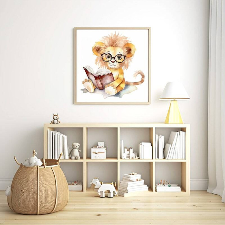 Safari animal reading wall art canvas, watercolor monkey with storybook, gender-neutral nursery decor, sage and beige palette