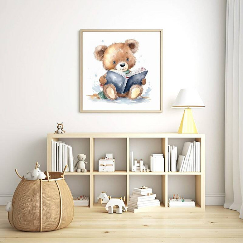 Safari animal reading wall art canvas, watercolor hippo with book, gender-neutral nursery decor, sweet baby shower gift idea