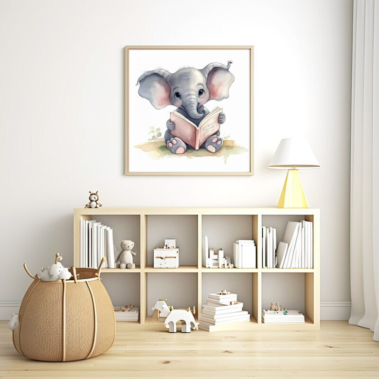Safari animal reading wall art canvas, watercolor zebra book, gender-neutral baby room decor, soft earth tones, portrait