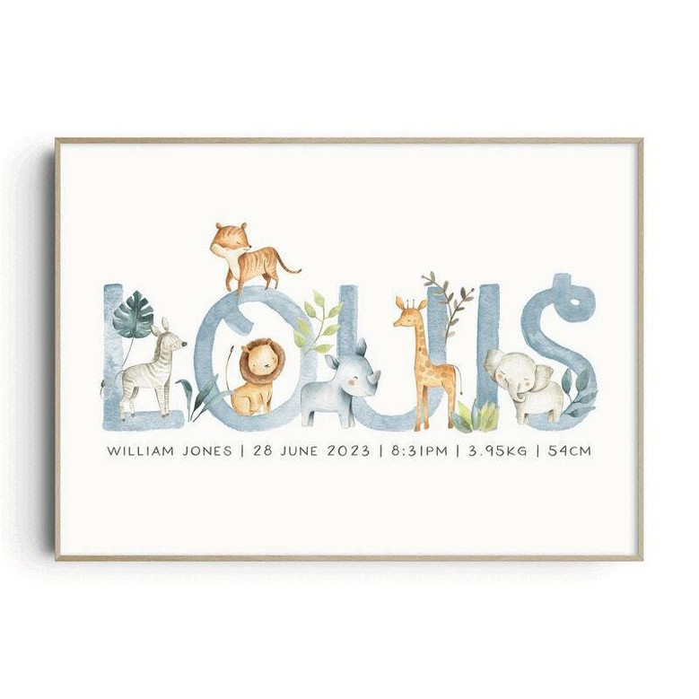 Safari animal canvas wall art for nursery with green jungle leaves, personalized name, boys room decor and new baby gift