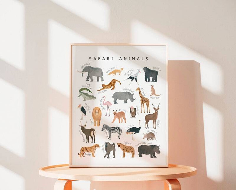 Safari animals nursery canvas wall art, square collage of safari animals with names, educational wall decor for toddlers
