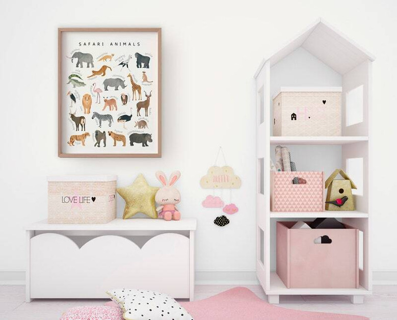 Safari animals nursery canvas wall art, neutral tones with minimalist line art, gender‑neutral educational nursery decor