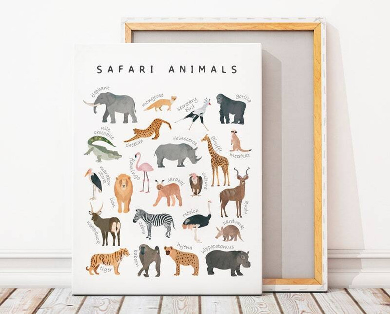 Safari animals nursery canvas wall art, black and white sketch style for scandi decor, educational art for modern playrooms