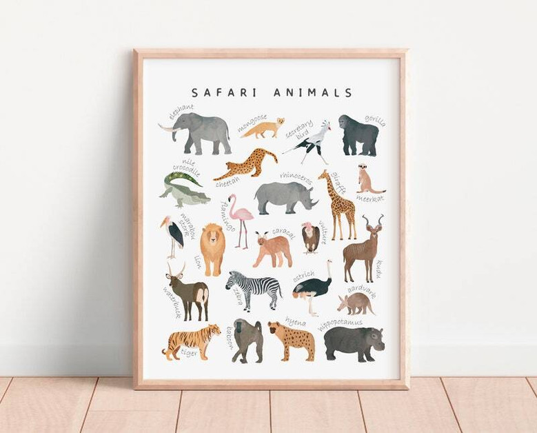 Safari animals nursery canvas wall art, alphabet A–Z safari creatures in bold colors, educational playroom decor for kids
