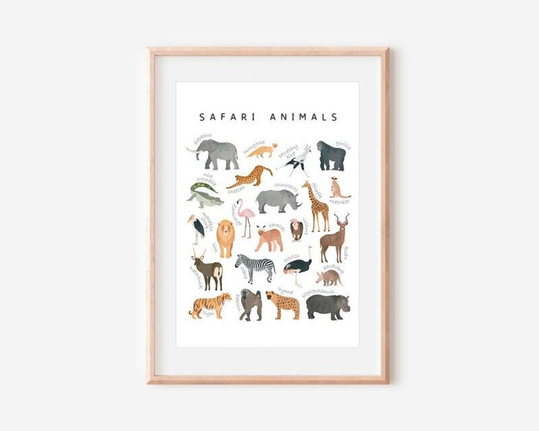 Safari animals nursery canvas wall art, muted tones with watercolor textures, educational decor for nursery or playroom