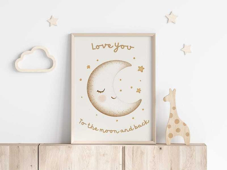 Love You To The Moon And Back nursery quote canvas with navy sky, crescent moon and stars, wall art for baby bedroom