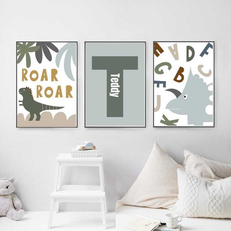 Dinosaur nursery canvas art personalized with name, cute T-rex and brontosaurus in warm neutrals, landscape playroom decor