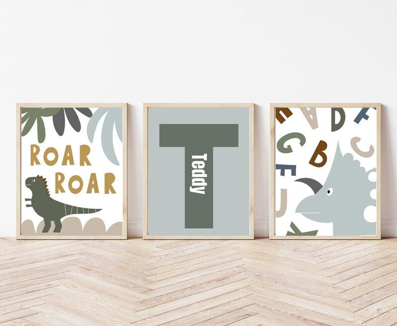 Dinosaur nursery canvas art with child's name, boho neutral dino theme in soft gray, square kids' bedroom wall art
