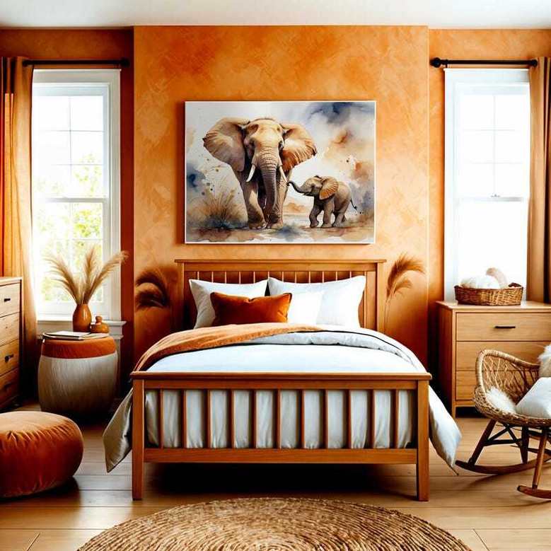 Watercolor elephant canvas wall art, gentle gray tones, personalized with child’s name; nursery or playroom decor for kids.