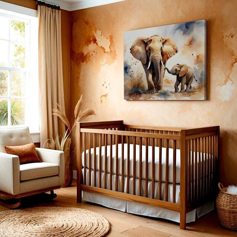 Watercolor elephant canvas wall art in neutral tones, custom name in script; calming nursery wall decor for babies and kids.