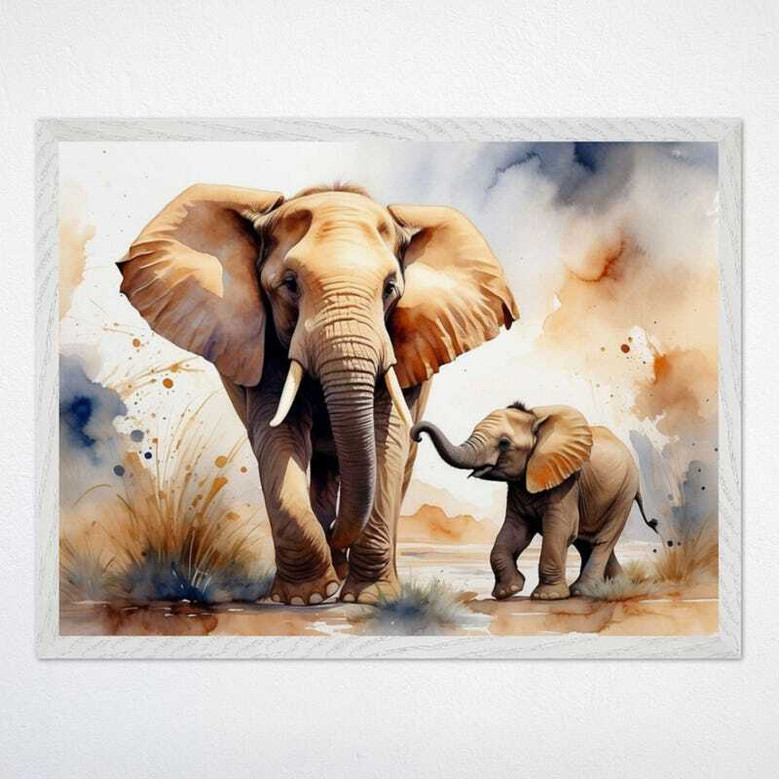Watercolor elephant canvas wall art in soft pastels, personalized with child’s name; nursery or playroom decor for kids.