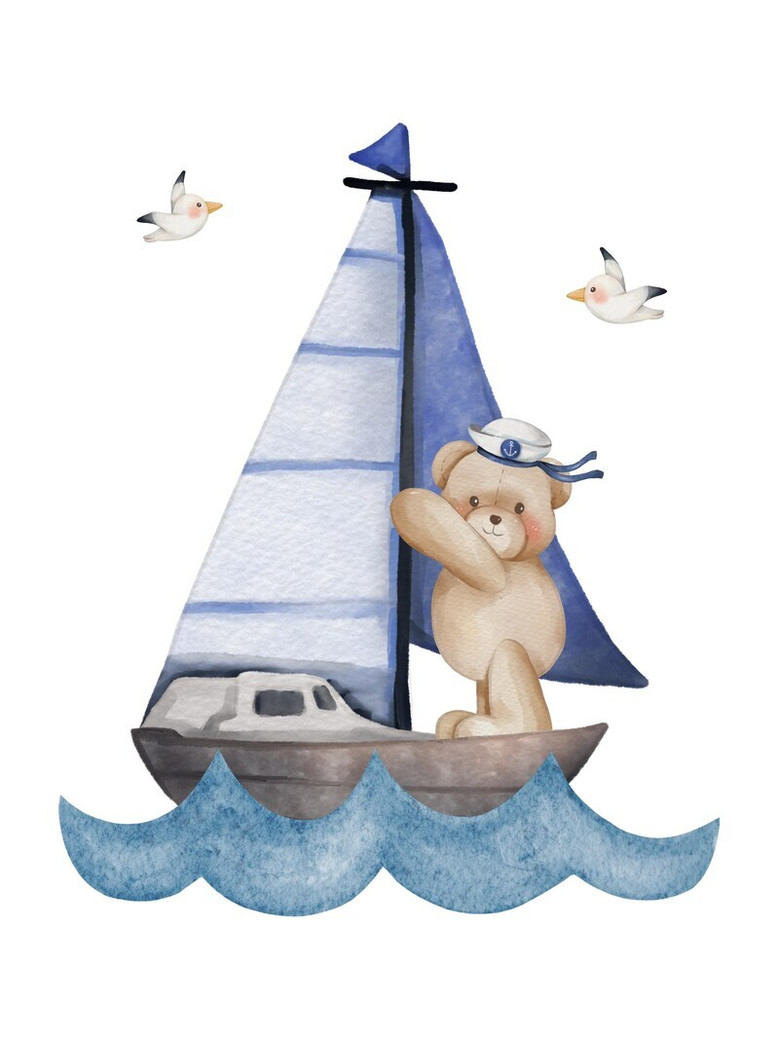 Teddy bear nautical nursery canvas set, soft blue and neutral palette ocean wall art for baby boy room decor accents