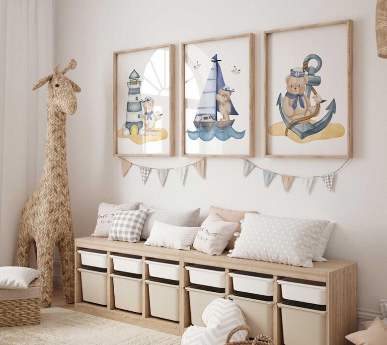 Teddy bear nautical nursery canvas set in blue and white, coastal ocean wall art ideal for baby boy nursery decor
