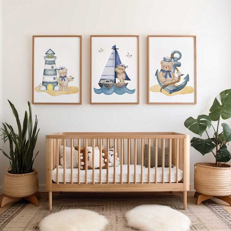 Teddy bear nautical nursery canvas set, adorable ocean wall art in soothing blues, sweet baby shower gift for boys' room