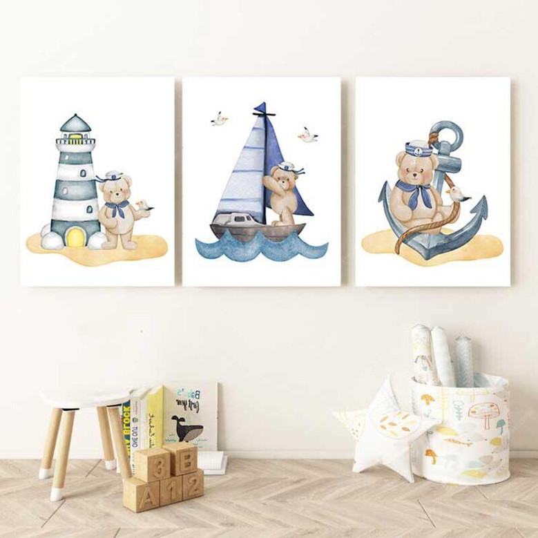 Teddy bear nautical nursery canvas set with modern coastal style, ocean-themed wall art for baby boy nursery decor