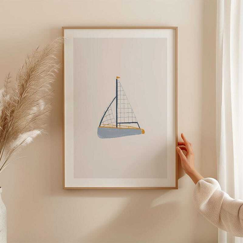Nautical nursery canvas art set with sailboat and waves, set of three prints, charming baby shower present for new families