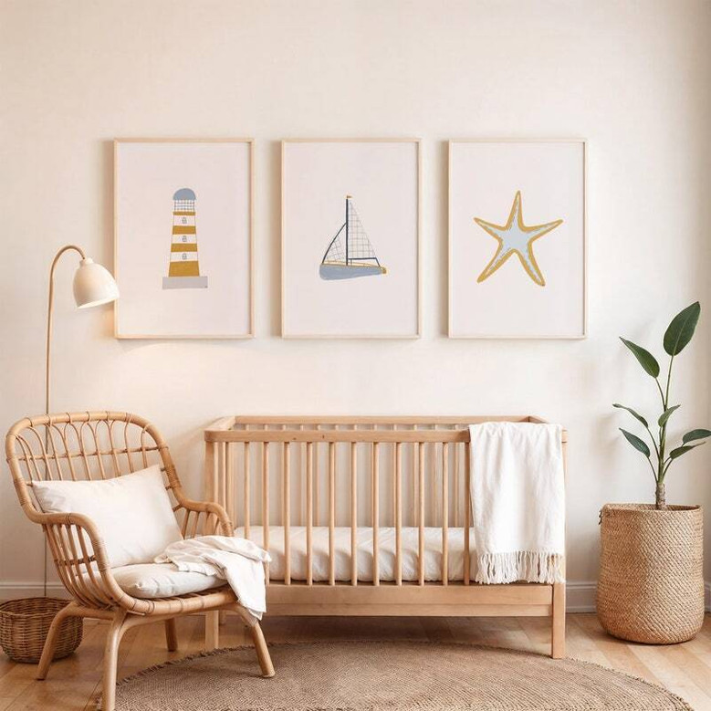 Nautical canvas art set for nursery with sailboat ocean theme, three-panel wall decor, sweet baby shower gift for new parents