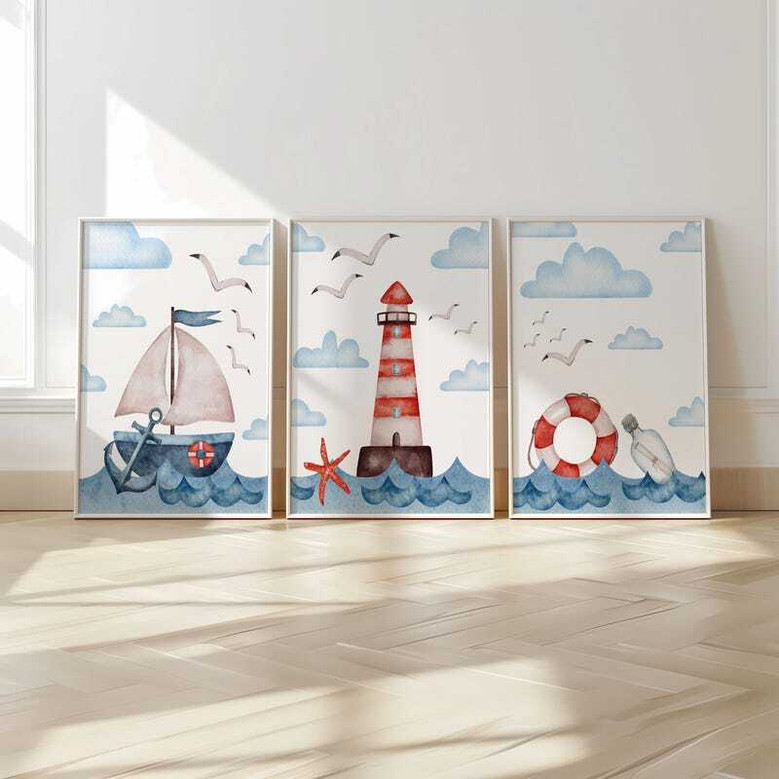 Nautical sailboat canvas set wall art, modern ocean theme for kids bedroom decor, perfect for a boy's nursery or playroom
