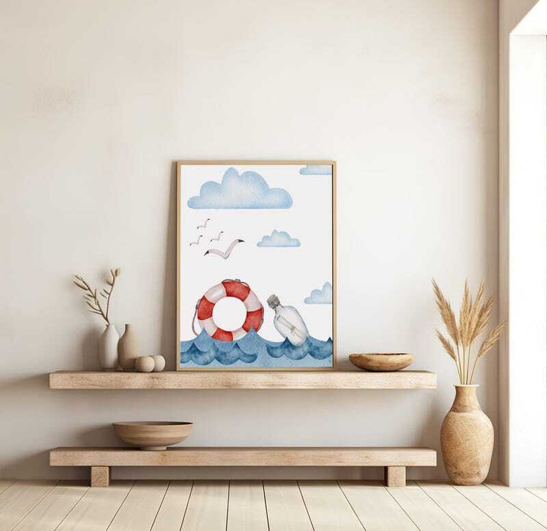 Nautical sailboat canvas set for kids, ocean wall art in blue for a boy's bedroom or nursery, coastal themed playroom decor