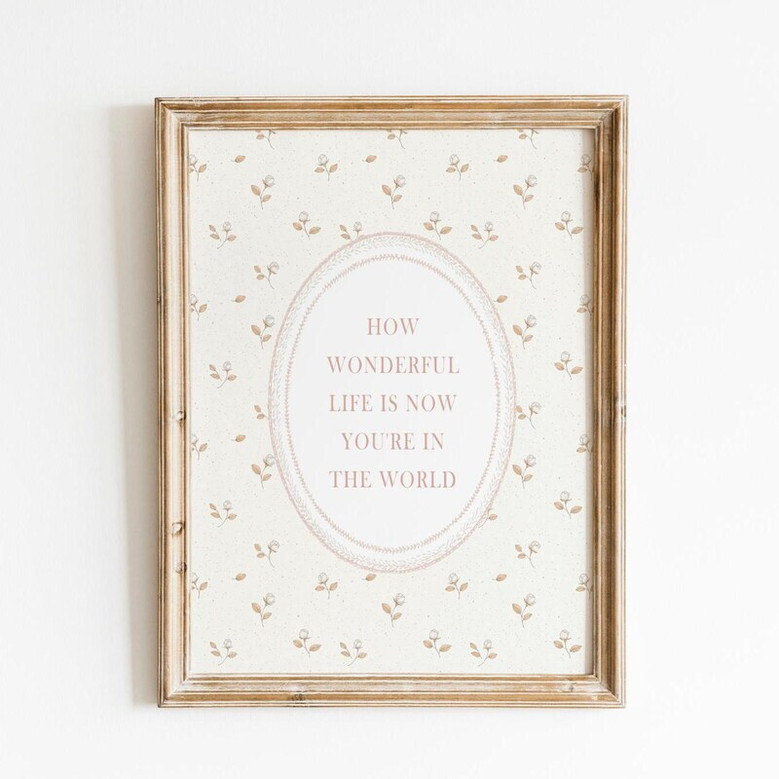 Nursery quote canvas wall art with neutral floral vintage design, botanicals and calming tones for peaceful girl's room decor