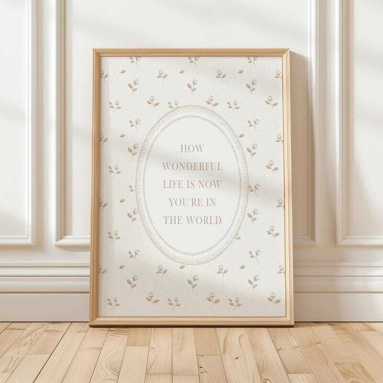 Nursery quote canvas print in neutral floral vintage style, beige-blush palette, portrait layout for serene baby girl nursery