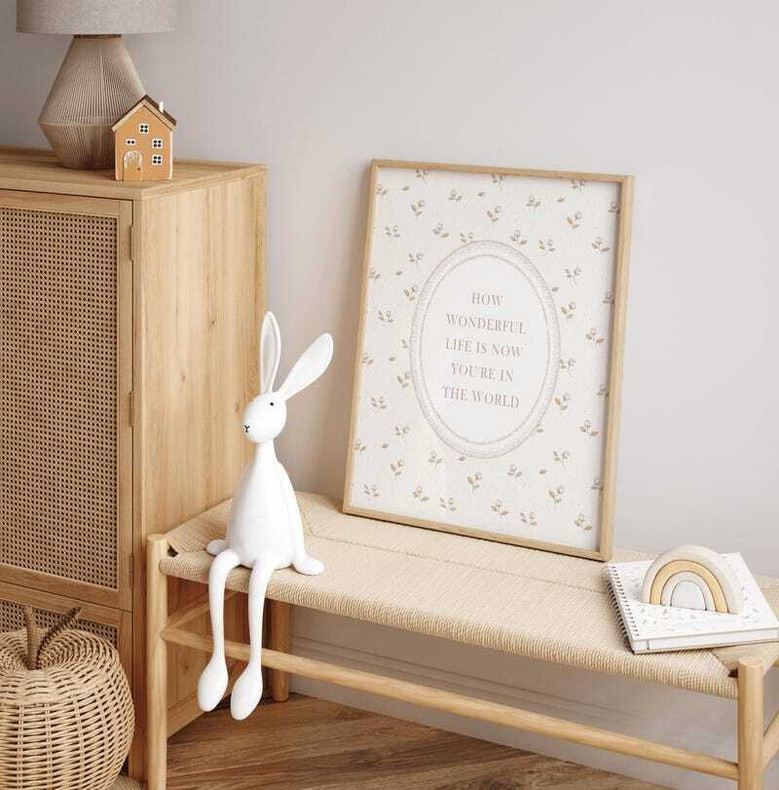 Nursery quote canvas wall art in neutral floral vintage look, sepia botanicals and gentle type for girl's nursery wall