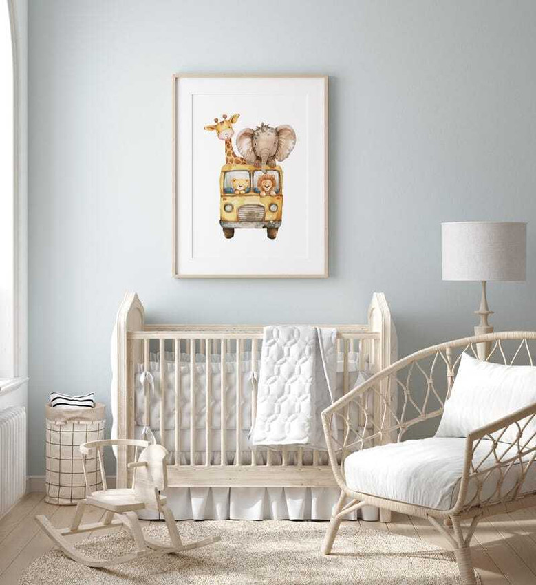 Watercolor safari animals nursery canvas in soft tones with elephant, giraffe, lion; custom baby name, gender-neutral decor