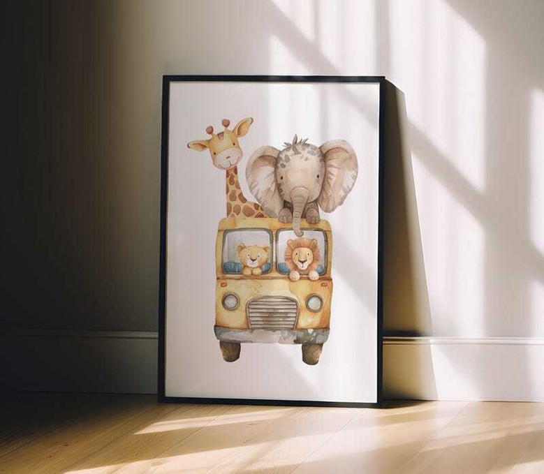 Watercolor safari animals nursery canvas with elephant, giraffe, lion; custom name personalized baby shower gift