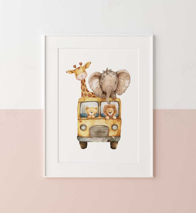 Watercolor safari animals canvas for nursery with elephant, giraffe, lion; personalized with baby name in neutral palette