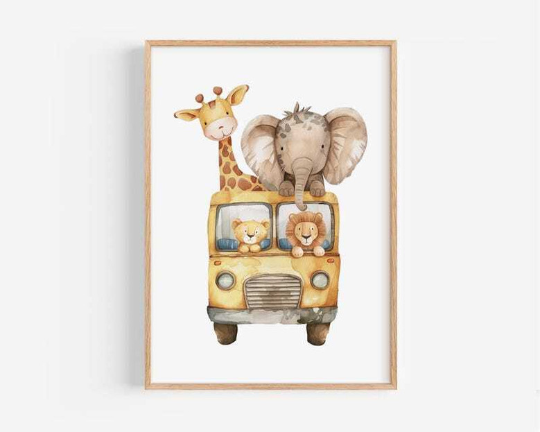 Watercolor safari animals canvas for nursery with elephant, giraffe, lion in whimsical style; personalized with child’s name