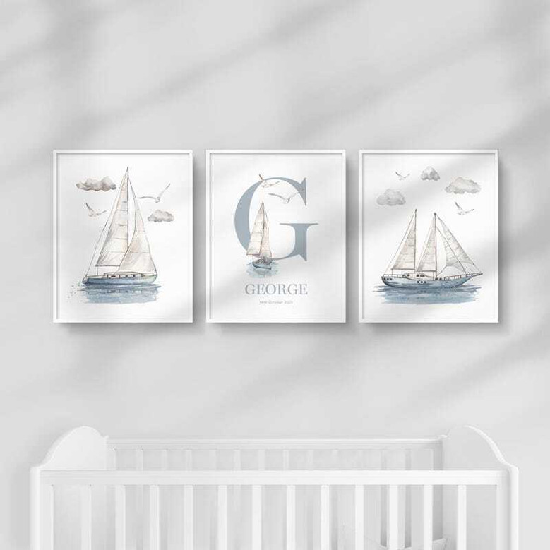 Nautical themed nursery canvas art, personalized sailboat print featuring your baby’s name; thoughtful baby shower gift idea