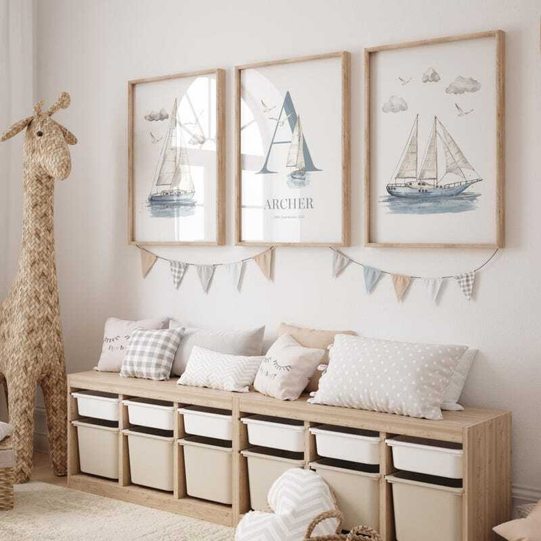 Nautical canvas wall art for nursery, customized sailboat design with child’s name, charming accent for a baby boy room