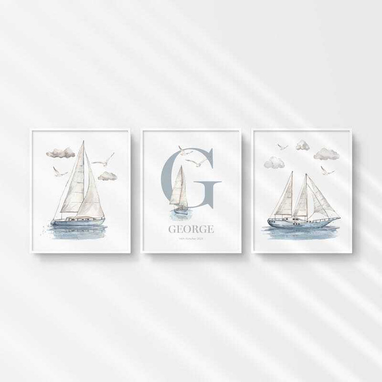 Nautical nursery wall canvas showcasing a custom sailboat graphic with baby name, sweet personalized art for kids’ room